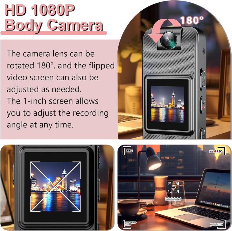 FUXGZ كاميرا جسم صغيرة HD 1080P مسجلة فيديو قابلة للارتداء، كاميرا أمان صغيرة مع رؤية ليلية شاشة 1.3 بوصة عدسة قابلة للدوران 180°، كاميرا جسم محمولة لإنفاذ القانون/الرياضة/التوصيل - Image 2